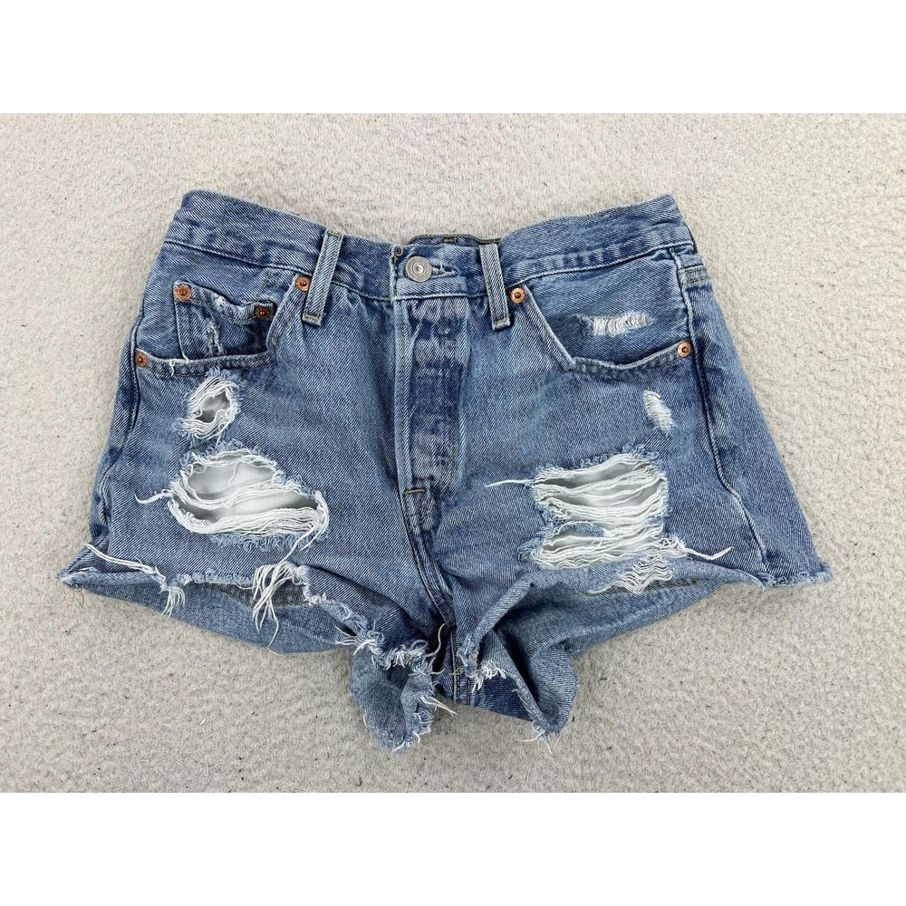 Levi's 501 Premium Denim Shorts Womens 25 Blue Cutoff Distressed Button Fly